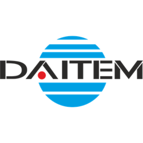 Un logo bleu et noir pour daitem avec un point rouge