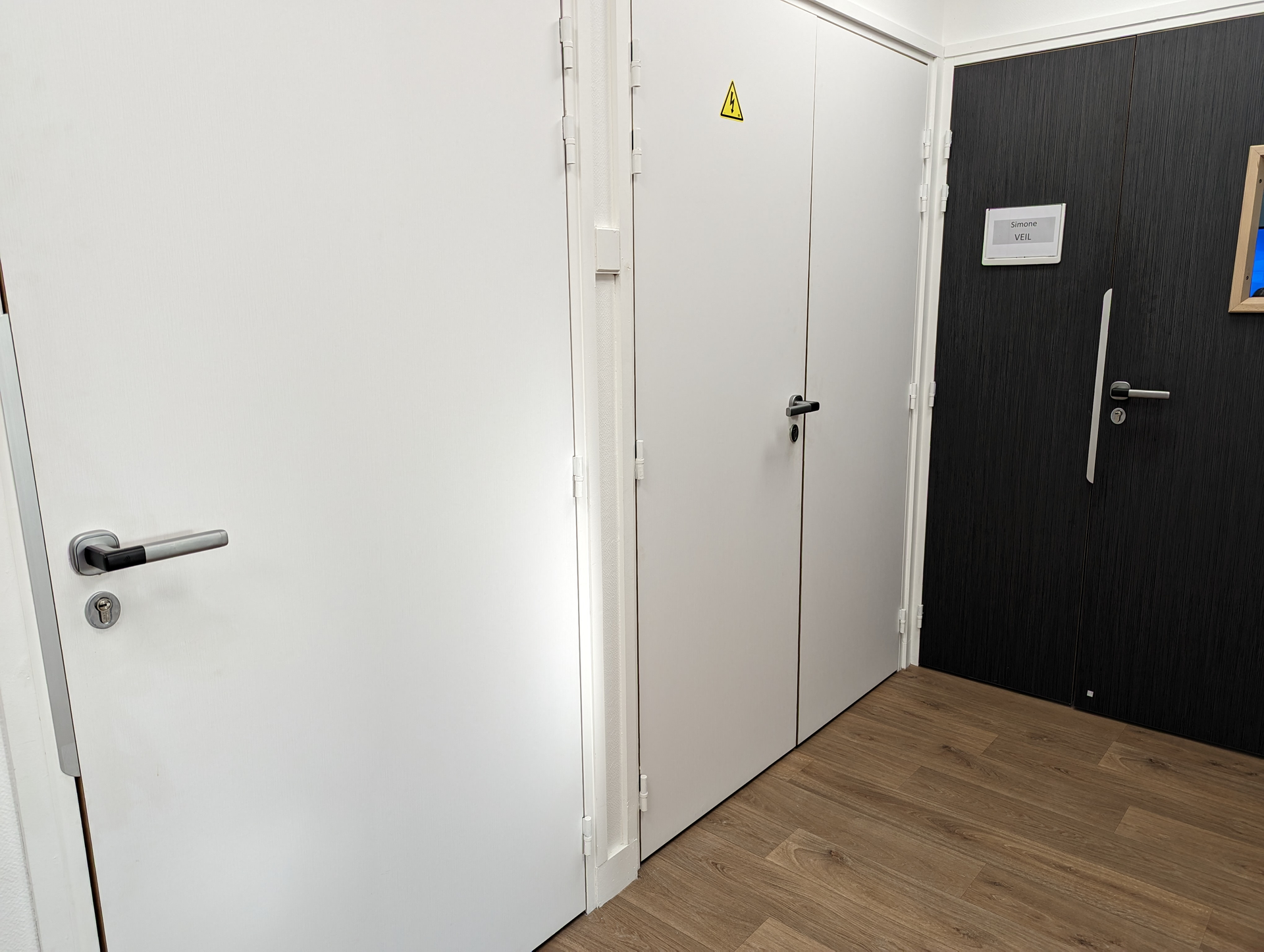 Un couloir avec trois portes blanches et un plancher en bois.