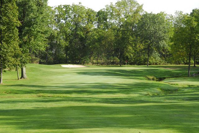 A golf course surrounded by trees and bushes on a sunny day.