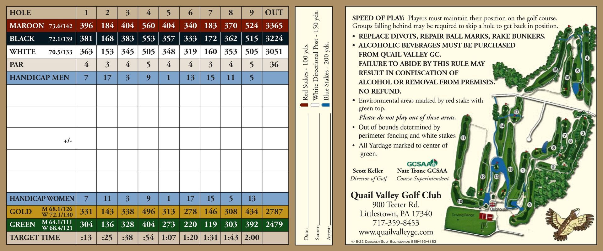 A scorecard and a map of a golf course