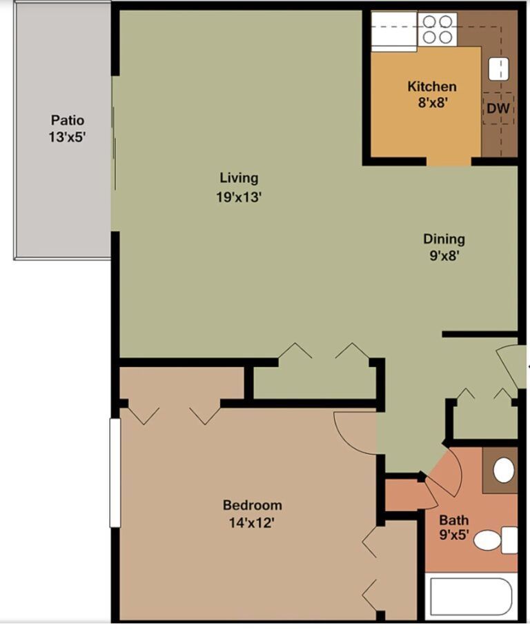 A floor plan of a single bedroom apartment with a patio