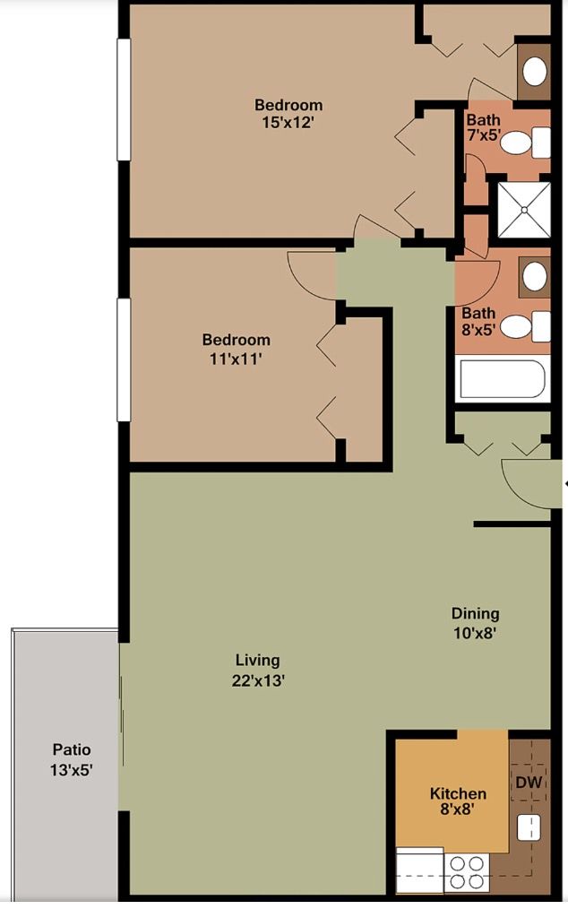 A floor plan of a house with two bedrooms and a balcony.