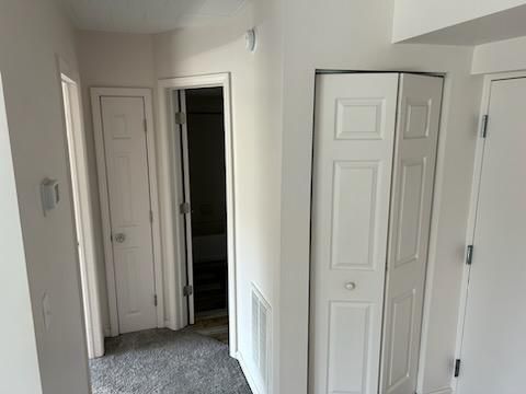 A hallway with white doors and a closet in a house.
