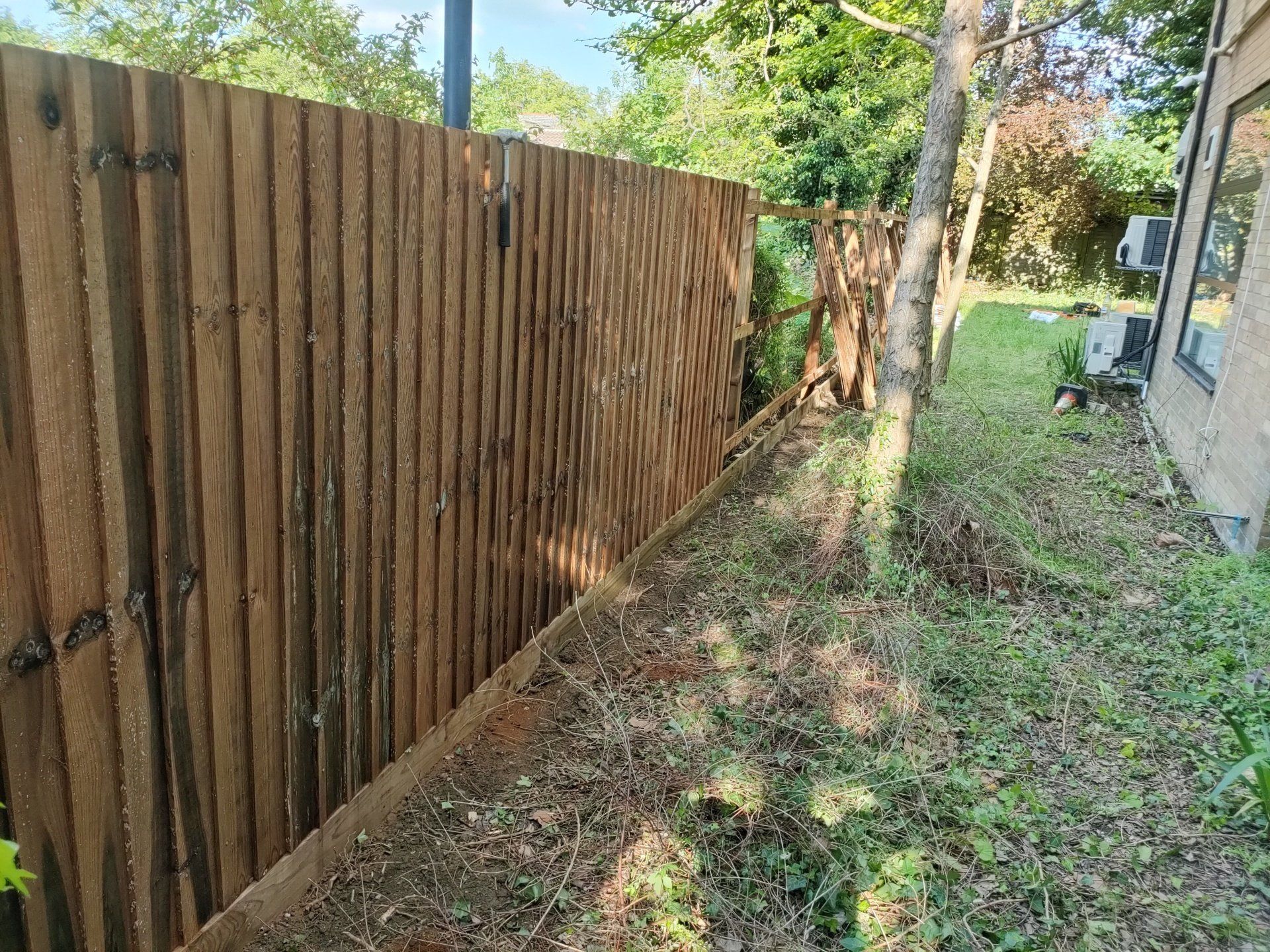 Finished feather edge fence seen from front side.