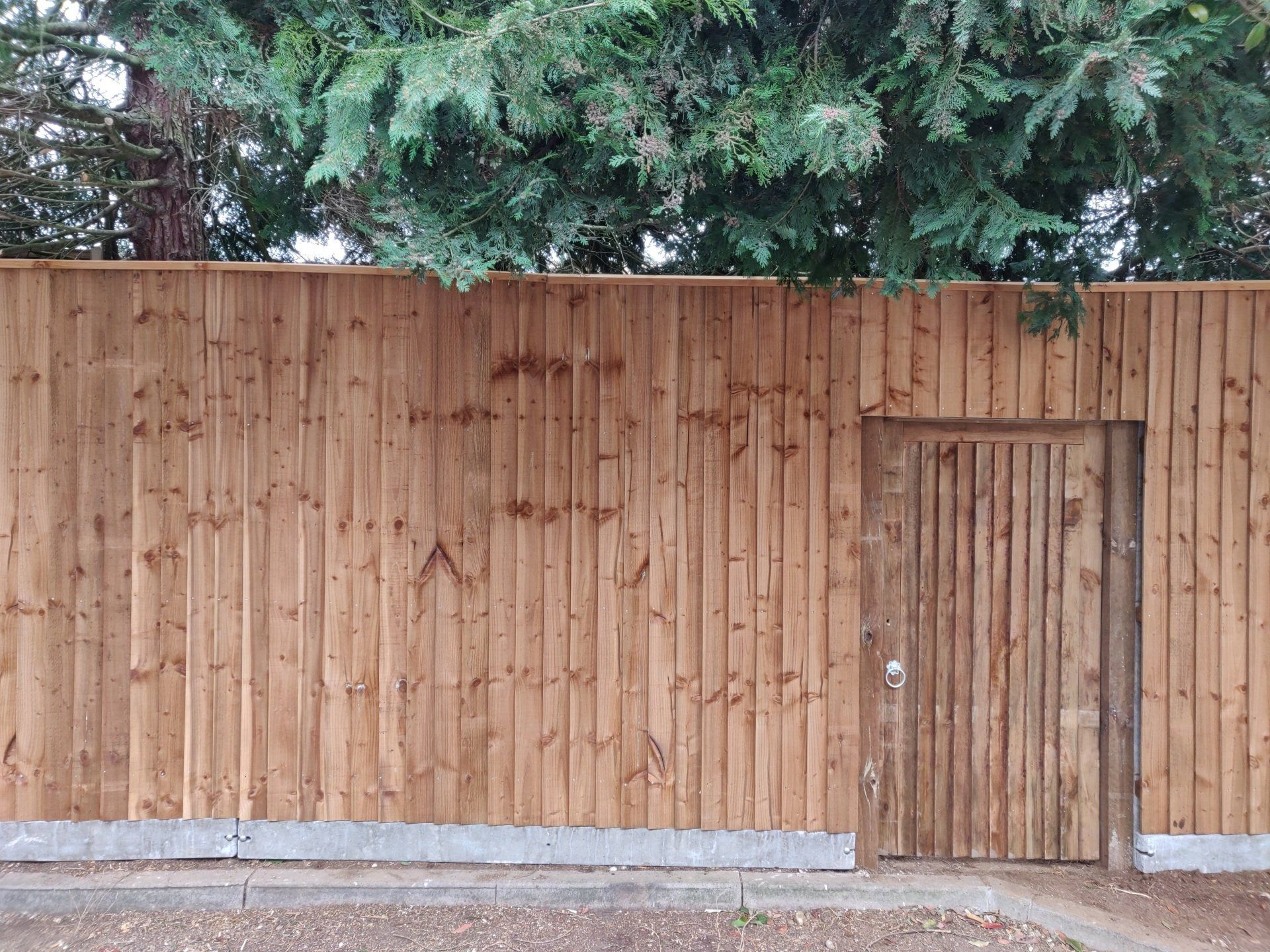 Standard size gate set into a very tall fence with fencing above gate.