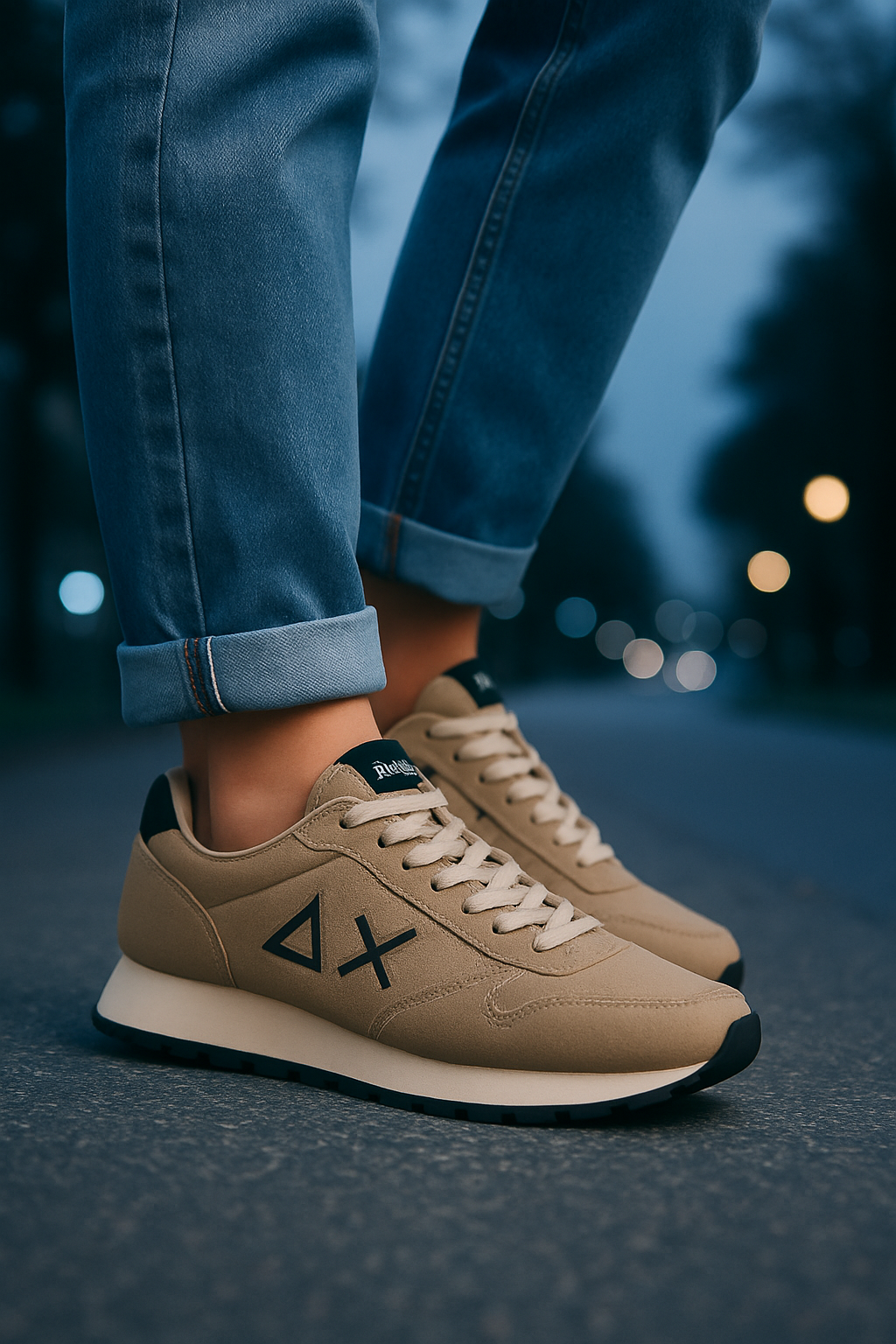 Sneakers color cuoio con dettagli neri, triangolo nero e logo 