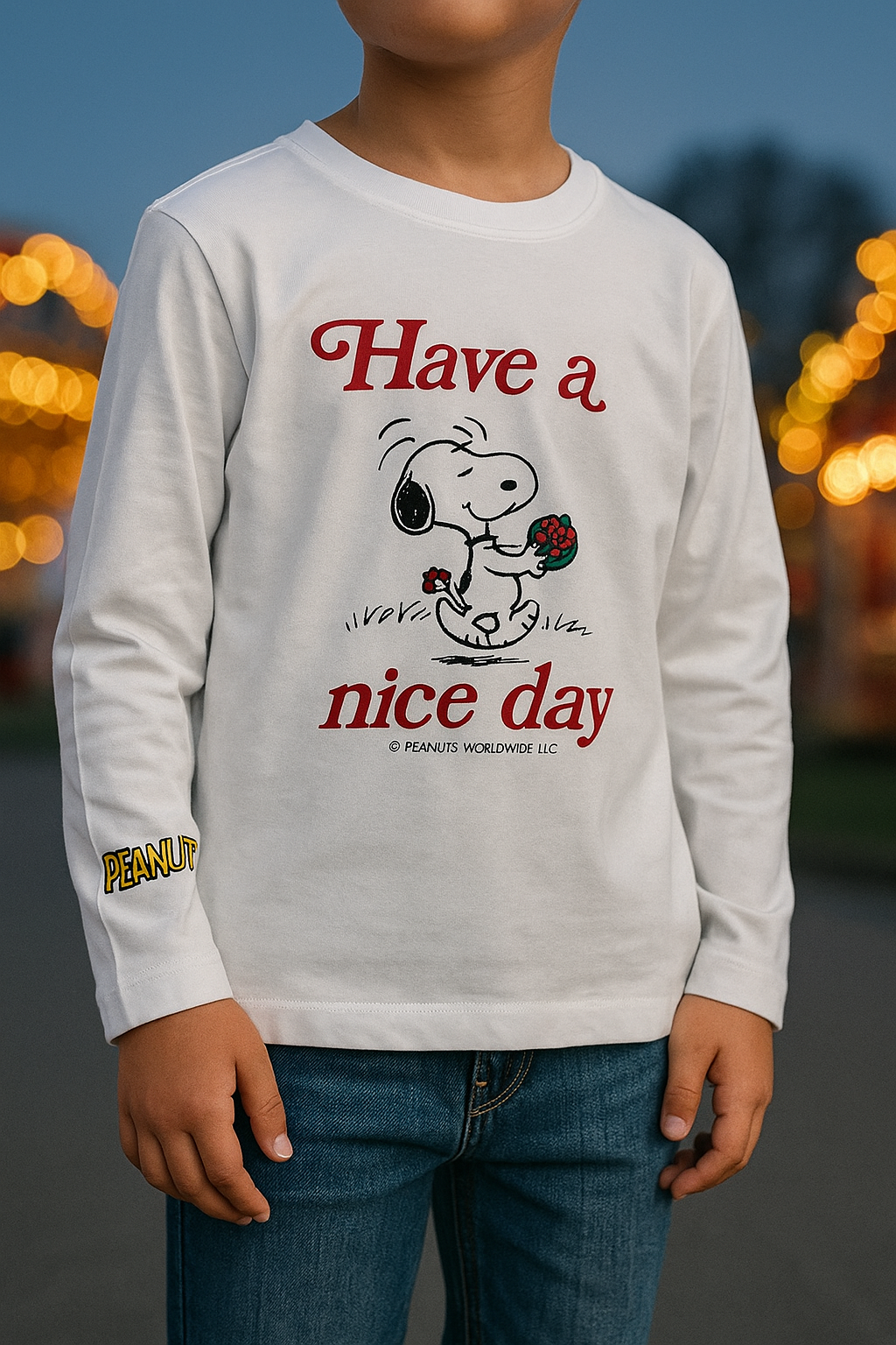 Un bambino con una maglietta bianca di Snoopy e la scritta 