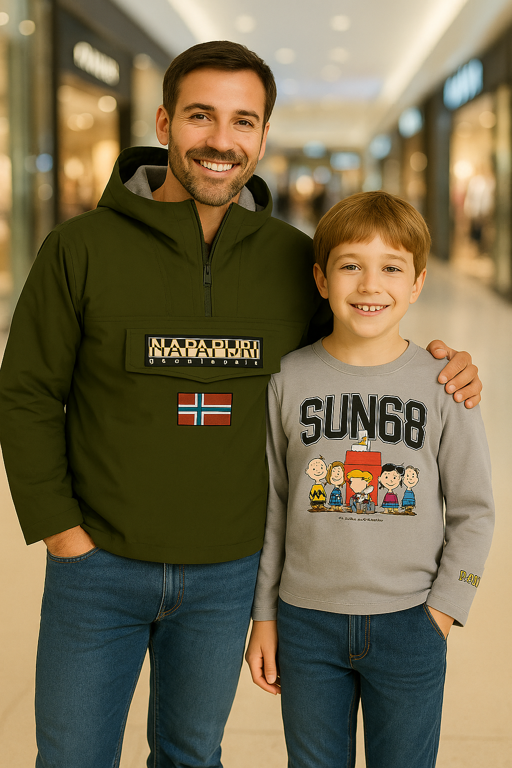 Un uomo con una giacca verde e un ragazzo con una camicia grigia sorridono alla telecamera in un centro commerciale.
