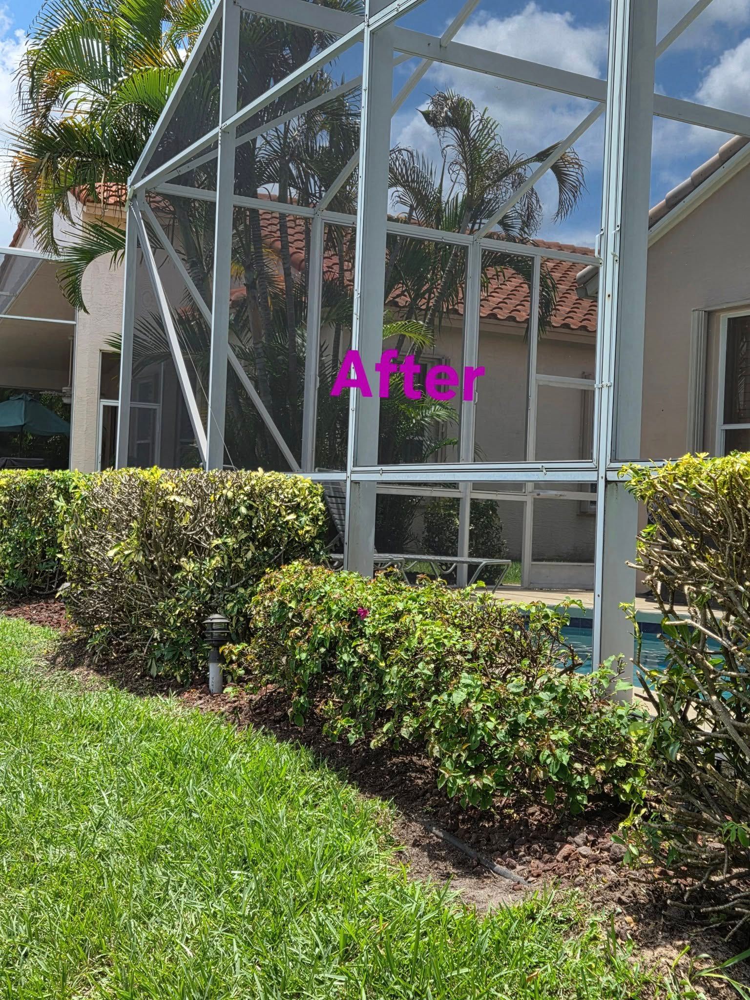Pool enclosure with green bushes in front and manicured lawn. 