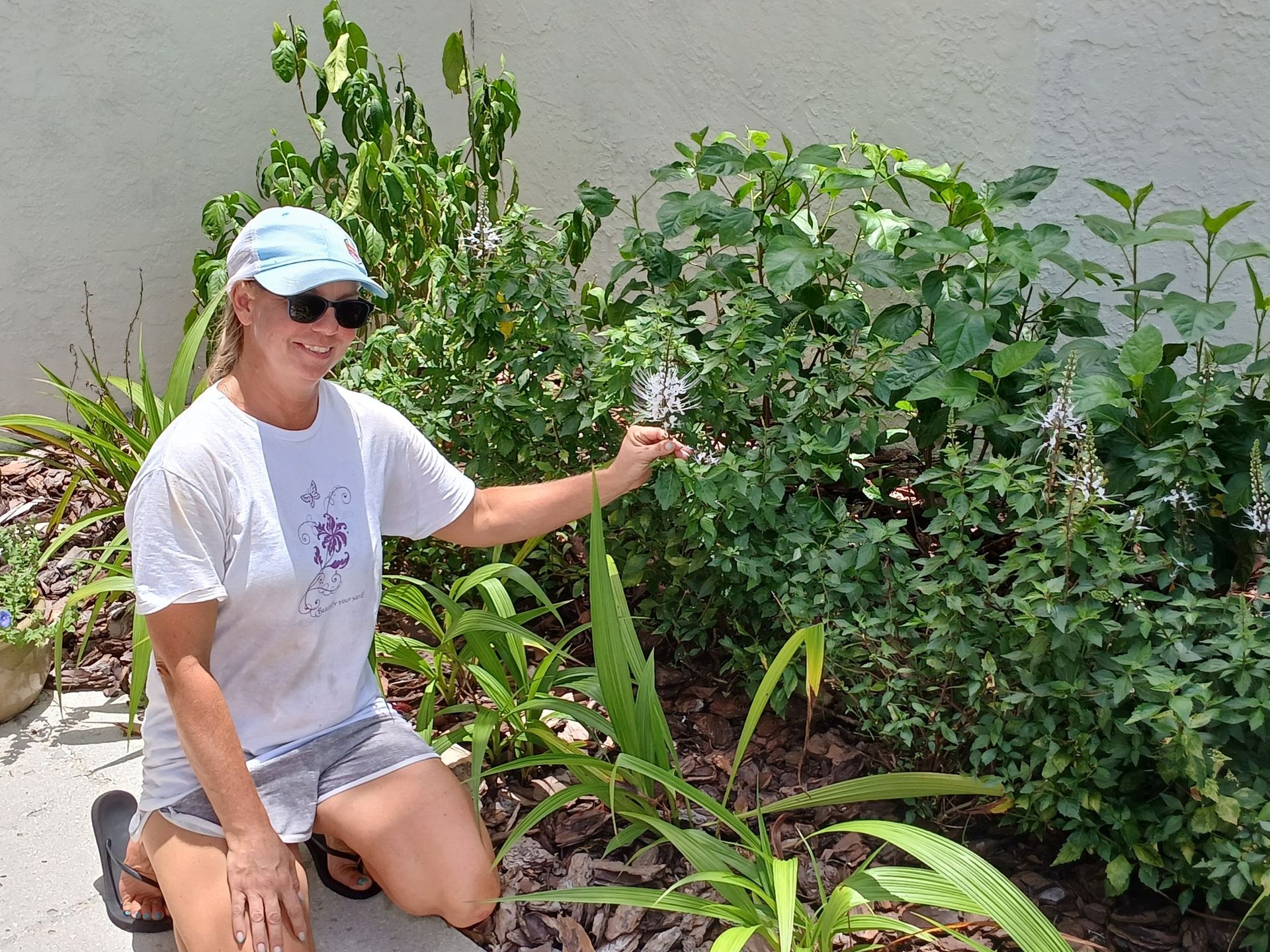 Woman in garden, pointing at a flowering plant. She wears a cap, sunglasses, and shorts. Green plants surround her.