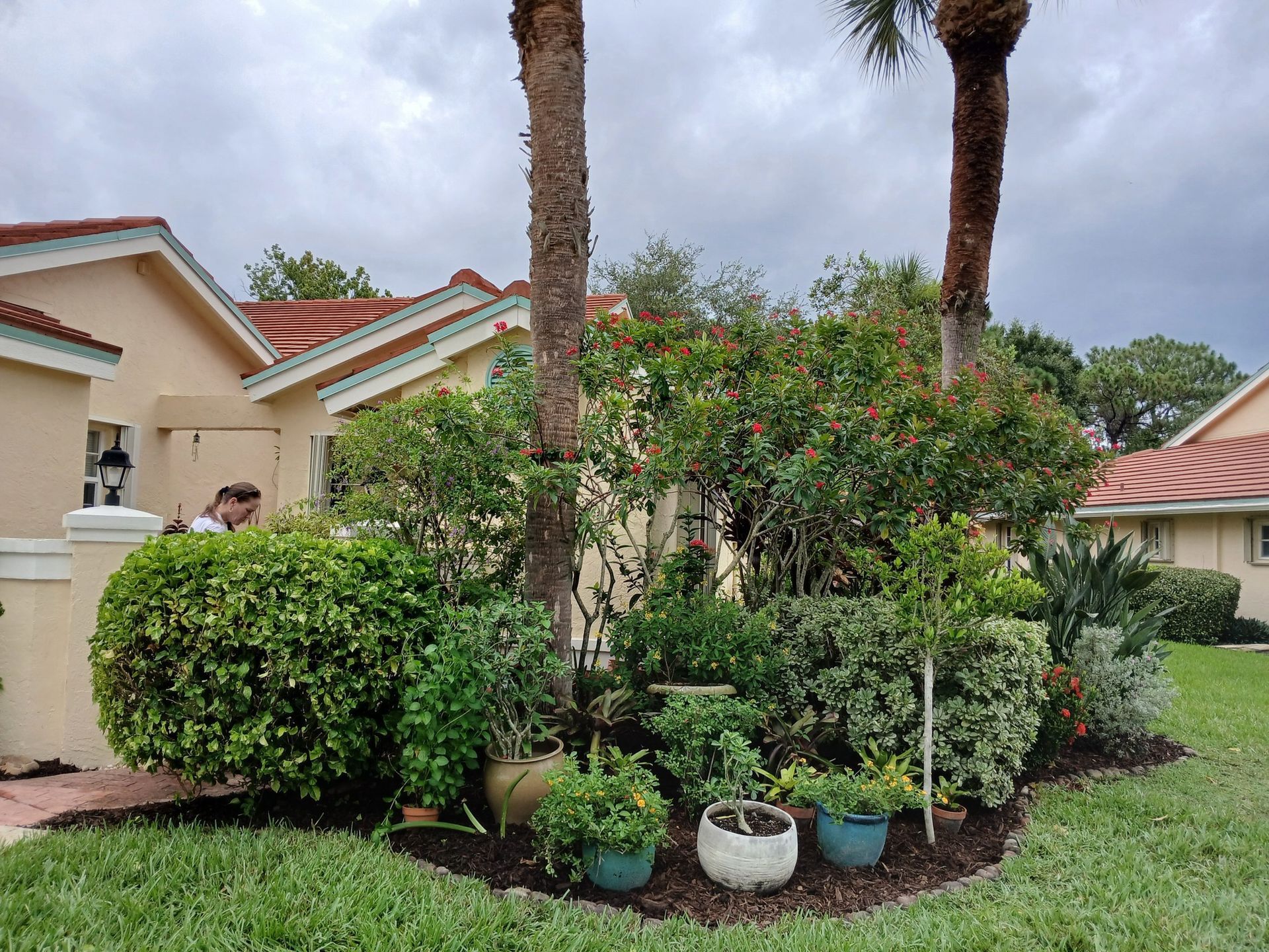 A lush garden bed in front of a tan building with red tile roof, and a lawn.
