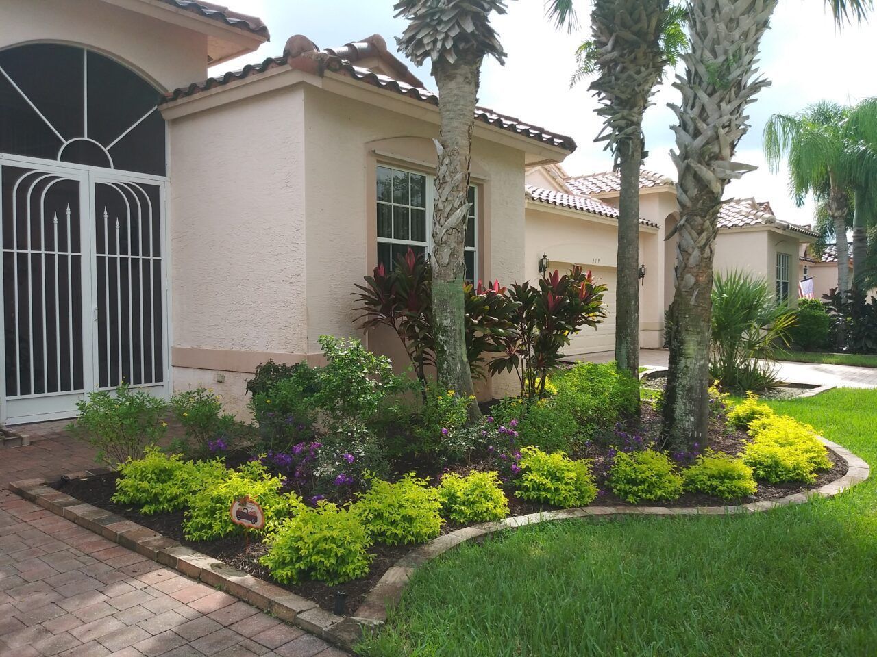 Landscaped yard with colorful shrubs, palm trees, and a house with a brick driveway.