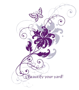 Purple flower and butterfly design with the text "Beautify your yard!"