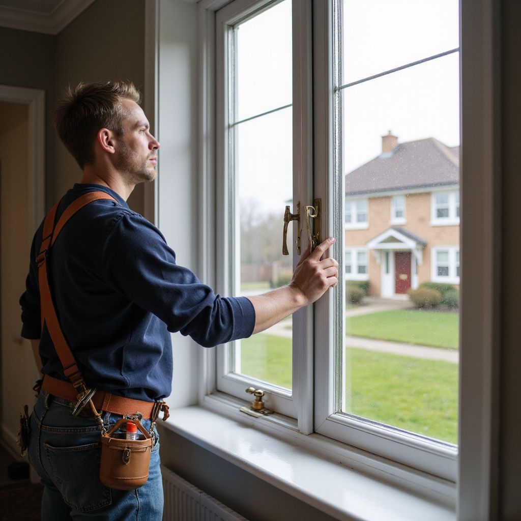 Man adjusting a window, looking outside. White framed window, a house visible through it. Wearing a tool belt.