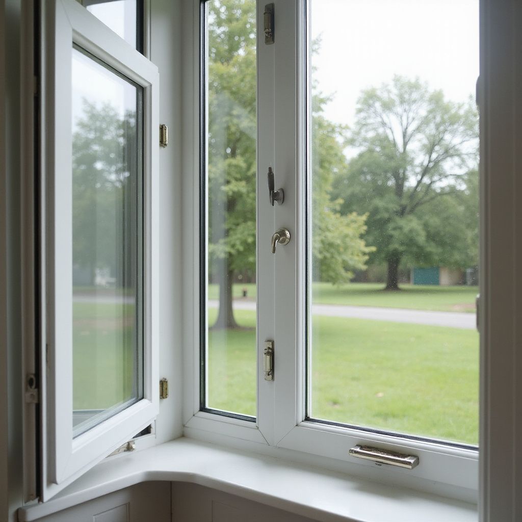 White, open window with a view of a green lawn and trees.