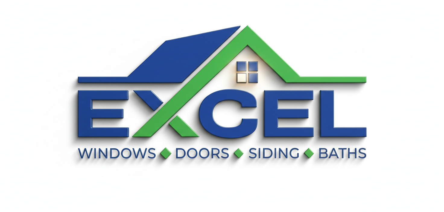 Logo for Excel, a home improvement company, with blue and green roof design and text 