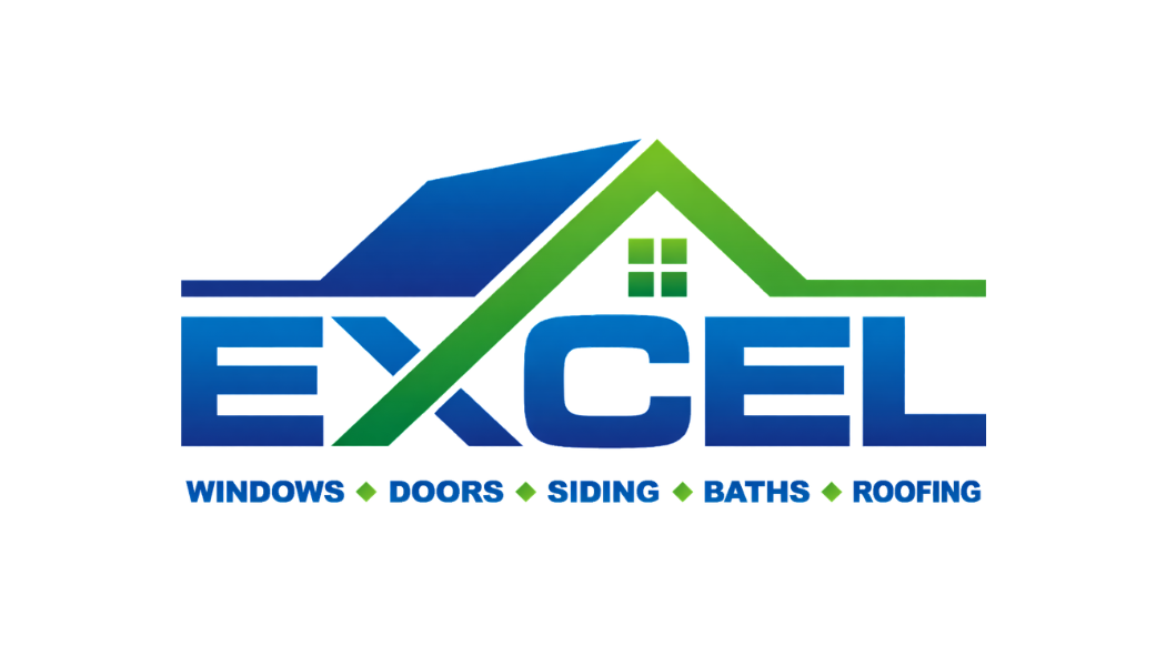 Logo for Excel, featuring a blue and green house roof icon above the word EXCEL, followed by services: Windows, Doors, Siding, Baths, Roofing.