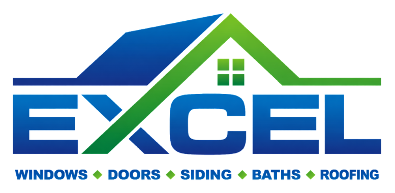Logo for Excel, a home improvement company, with blue text and a green roof graphic featuring a small window icon.
