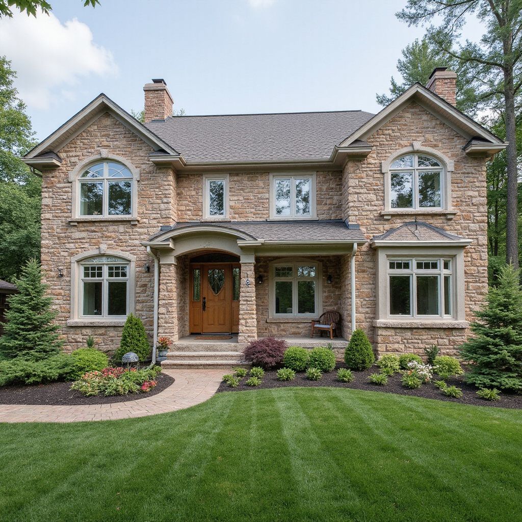 Stone-clad, two-story house with arched and rectangular windows, a brown door, and manicured lawn.