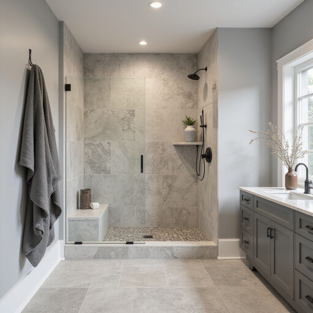 Modern gray bathroom with a glass shower, gray tiled walls, and a towel hanging on the wall.