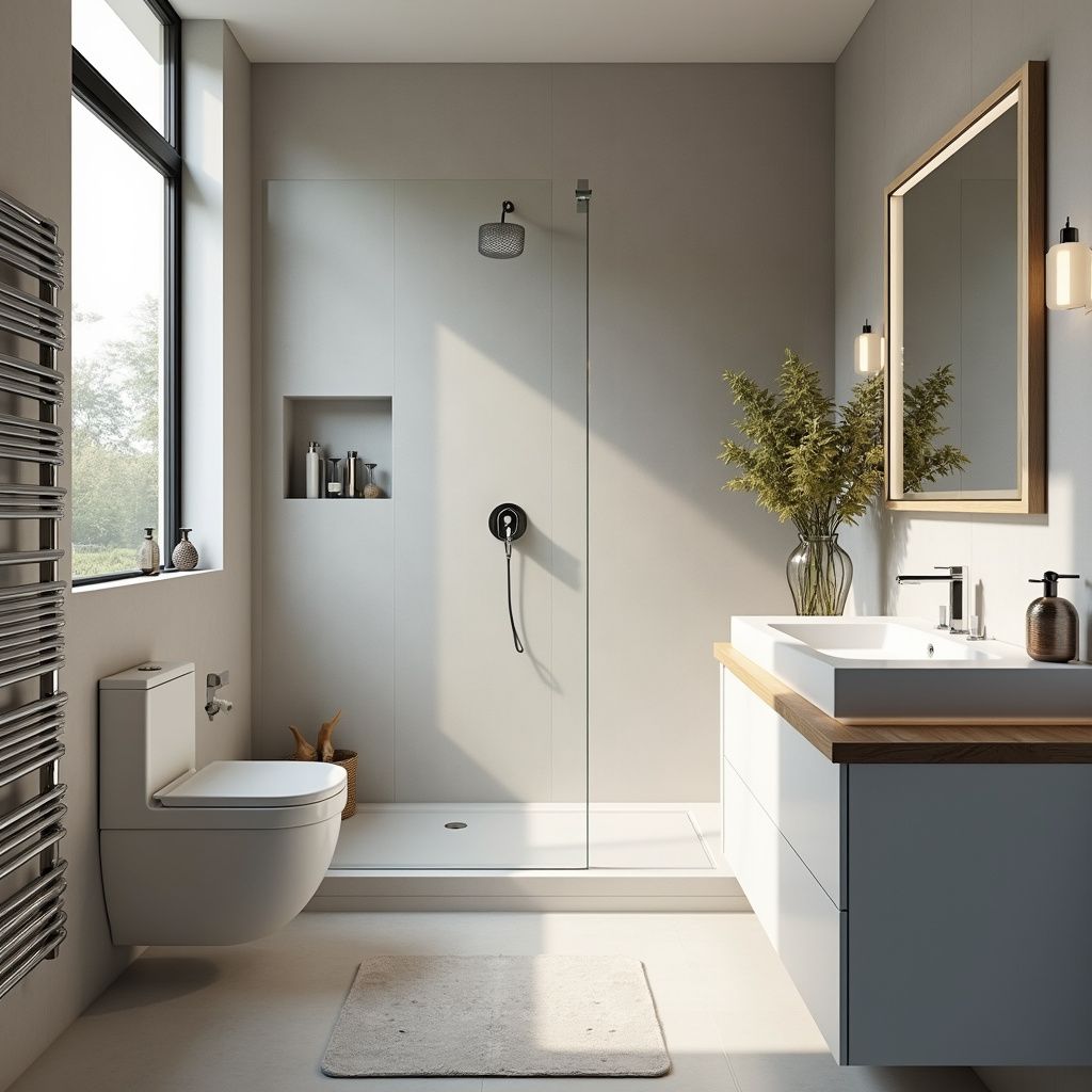 Modern bathroom with a shower, toilet, and vanity. Features a large window, neutral colors, and minimalist design.