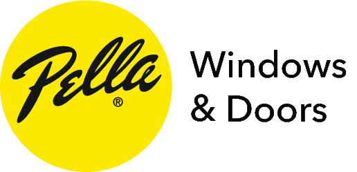 Logo for Pella Windows & Doors, featuring a yellow circle with the name 