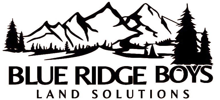 Logo for Blue Ridge Boys Land Solutions featuring black silhouette mountains and pine trees over text.