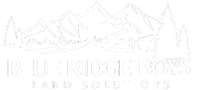 White logo for Blue Ridge Boys Land Solutions featuring a mountain range flanked by pine trees, text below.