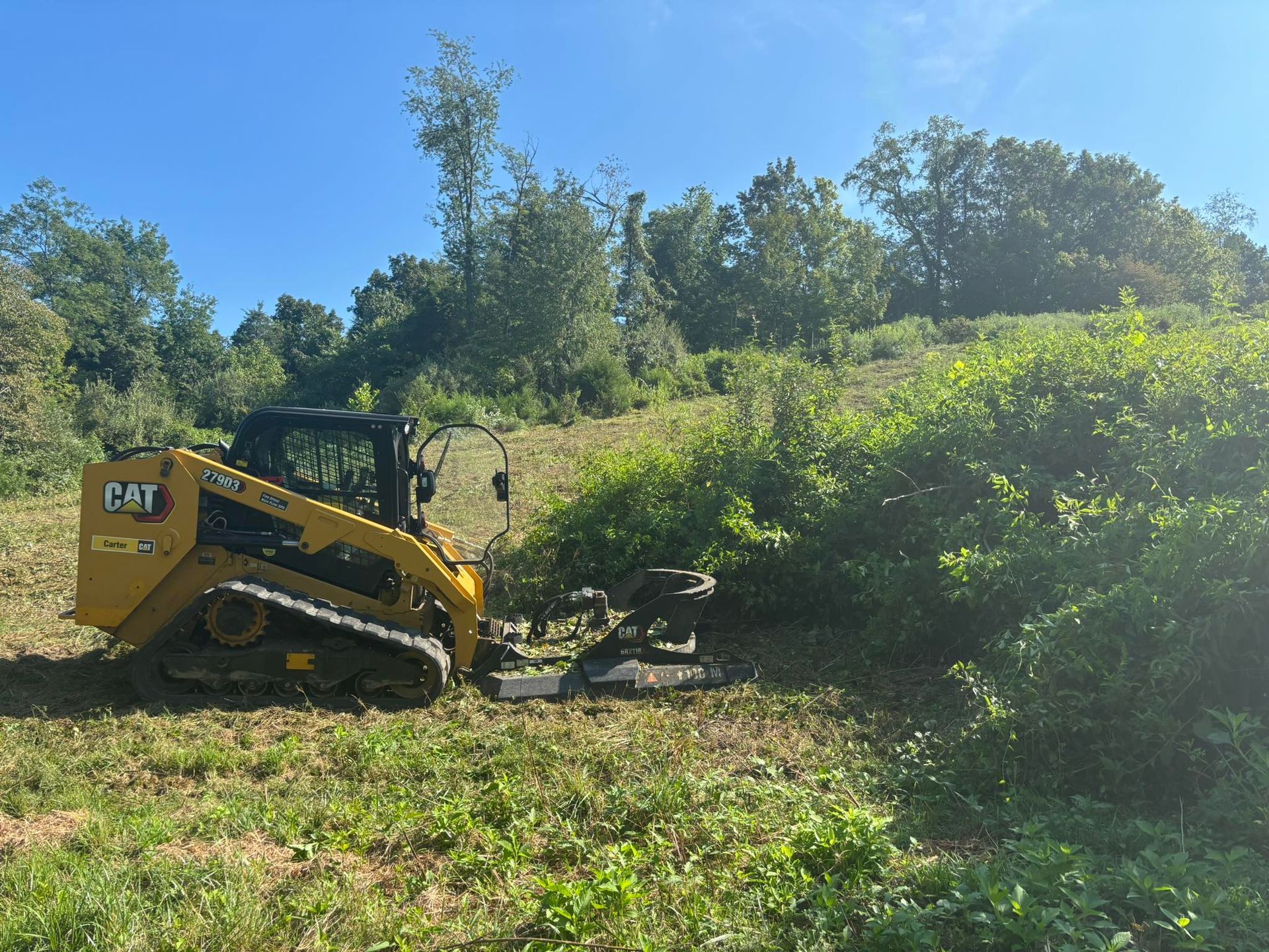 A yellow Caterpillar skid steer with a forestry mower attachment clears brush on a sunny, grassy hillside.