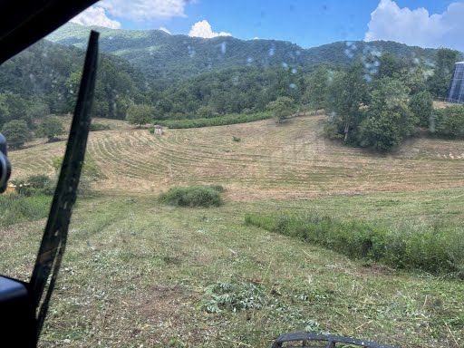 View from a vehicle window looking out over a sloping, recently mowed field toward a line of trees and distant mountains.