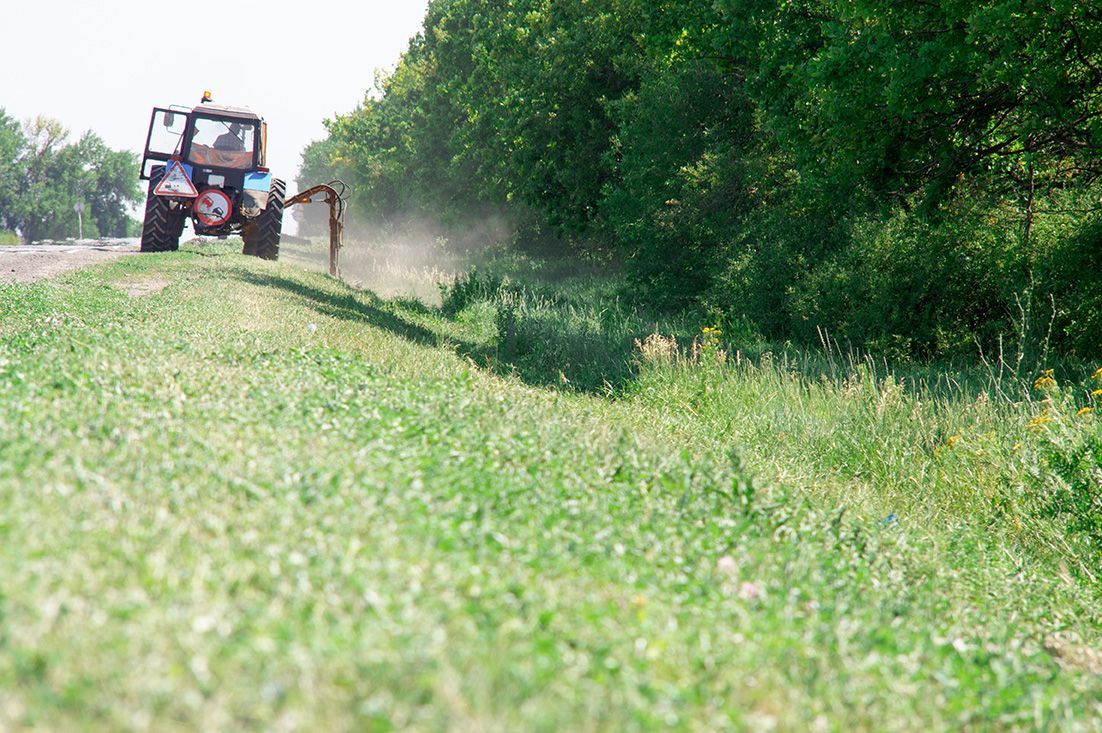 A tractor drives along a grassy bank, using a long arm to trim the vegetation near a treeline.