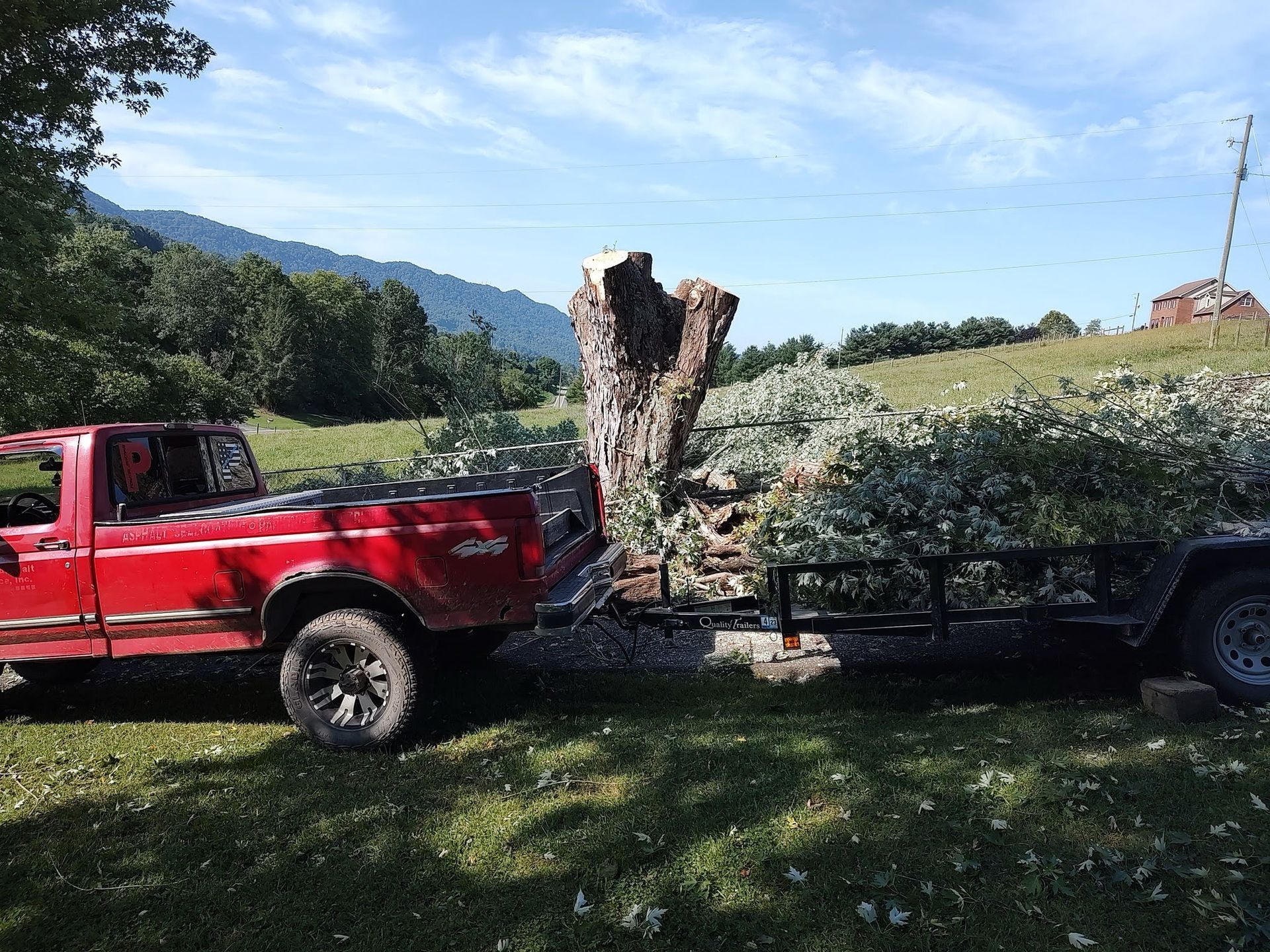 A red pickup truck is parked in a grassy field, towing a trailer filled with branches beside a large, hollow tree trunk.