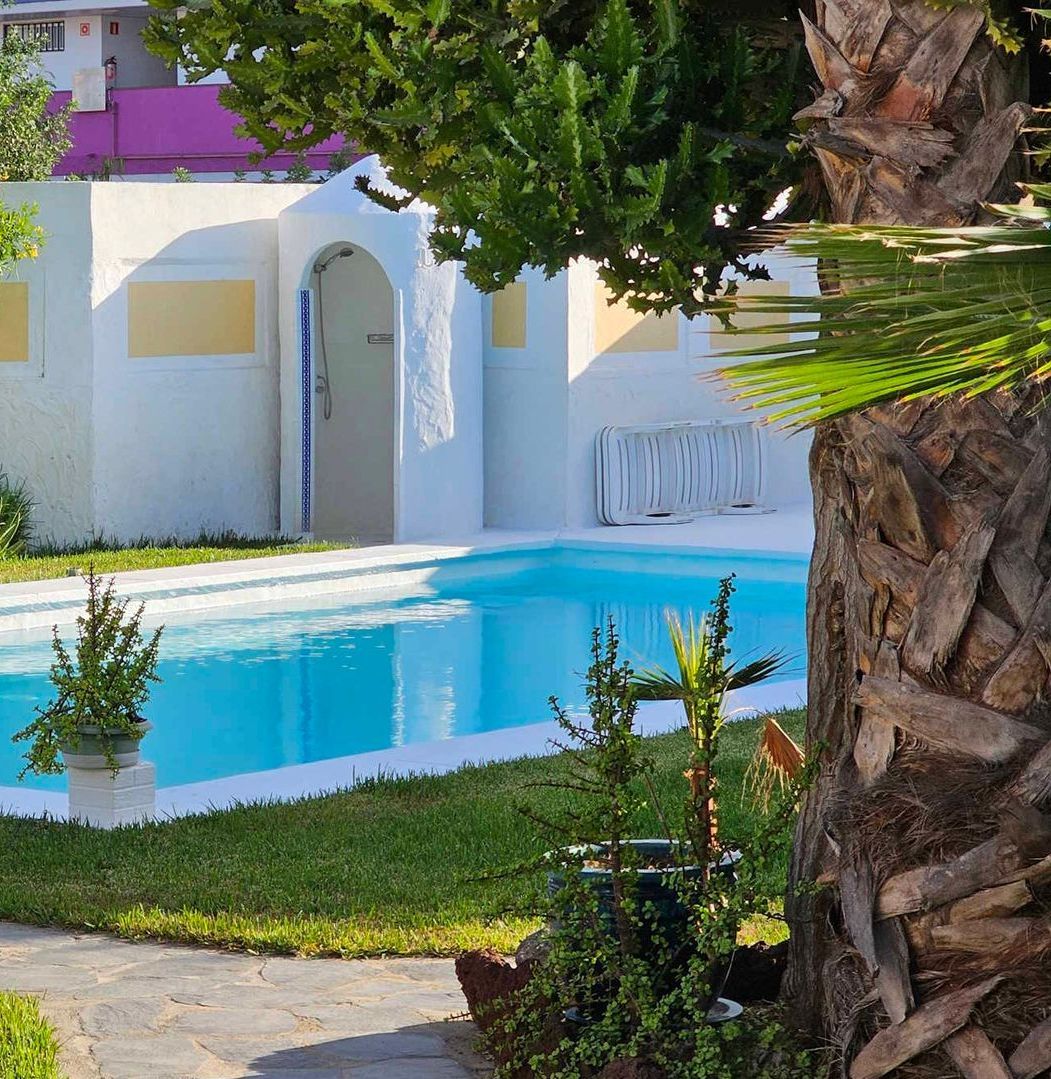 Ein großer Swimmingpool mit einem Baum im Vordergrund