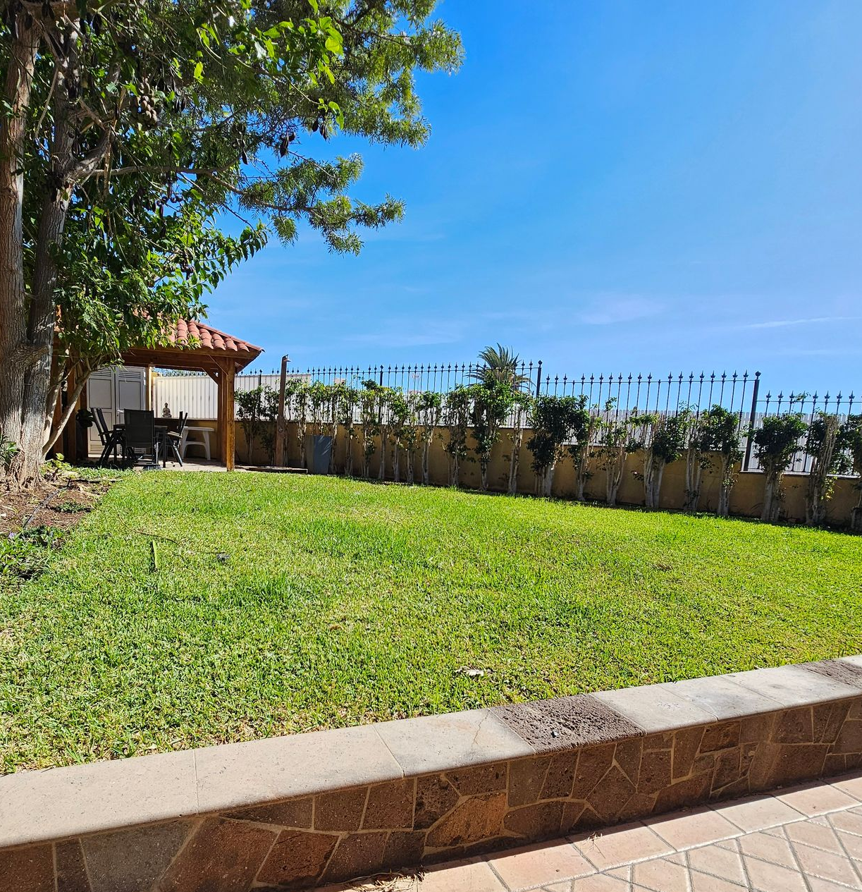 Ein großer Swimmingpool, umgeben von Palmen an einem bewölkten Tag