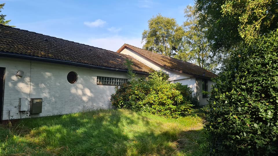 Ein weißes Haus mit braunem Dach ist von Bäumen und Gras umgeben.