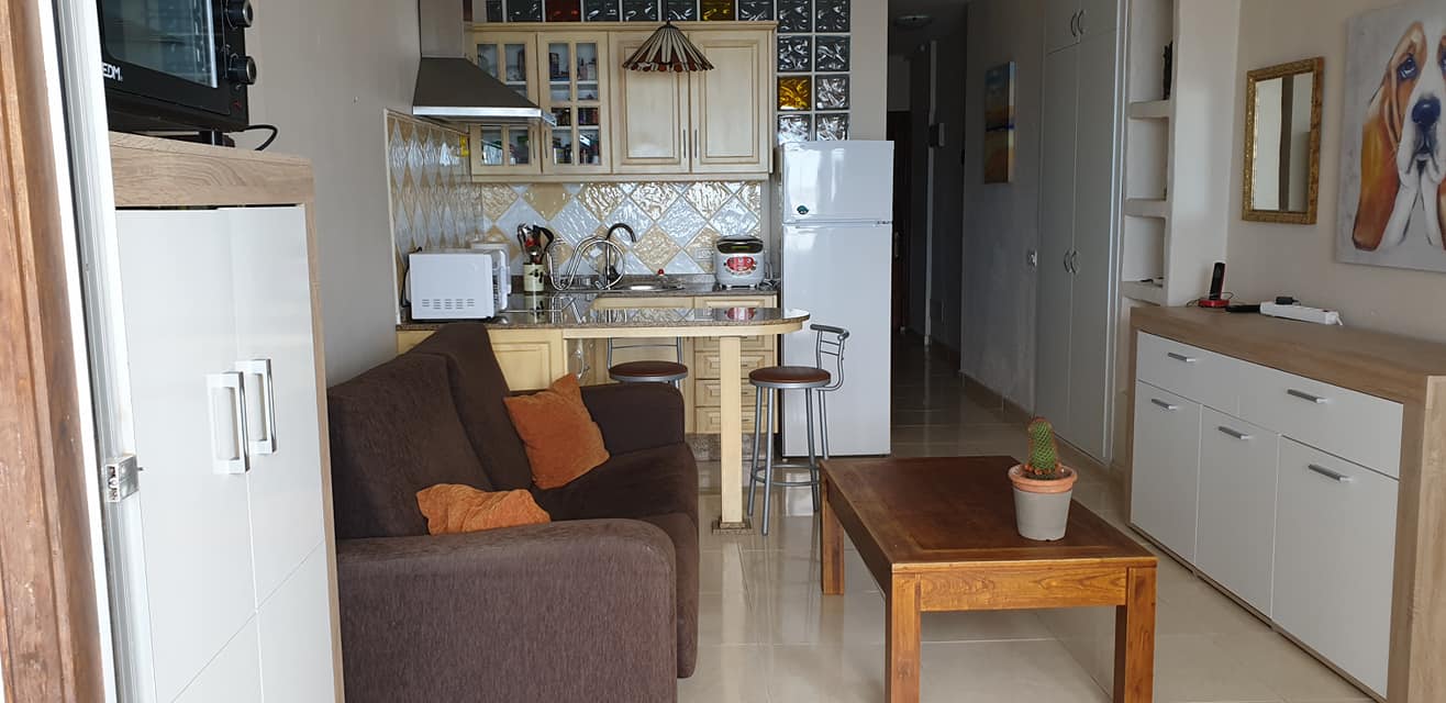 Ein Wohnzimmer mit Couch, Couchtisch und Küche.