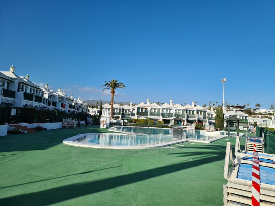 Ein großer Swimmingpool, umgeben von Gebäuden und einer Palme.