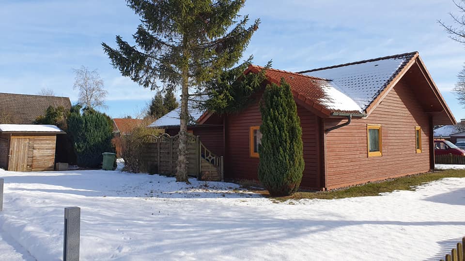 Ein kleines Holzhaus ist von Schnee und Bäumen umgeben