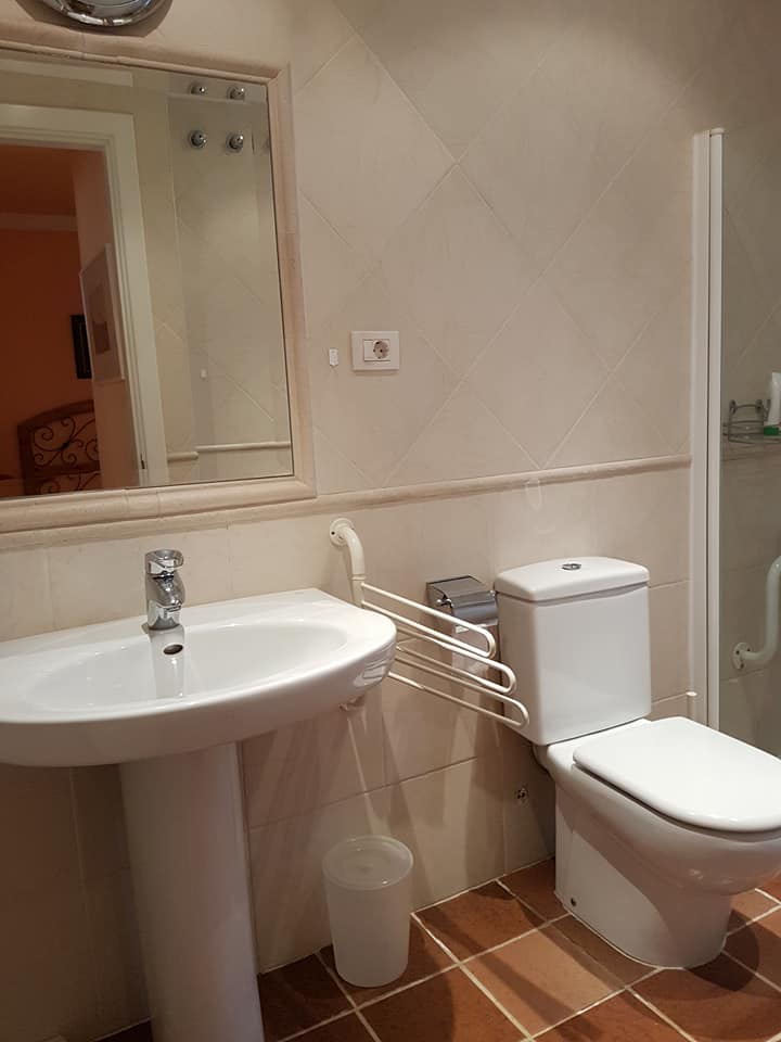 Ein Badezimmer mit Toilette, Waschbecken und Spiegel.