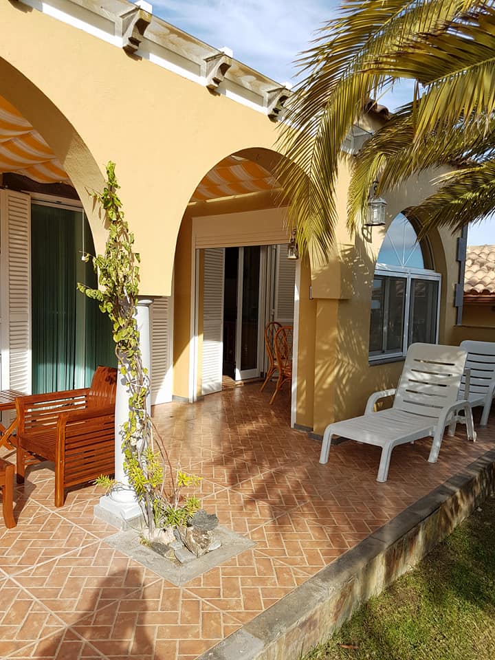 Eine Terrasse mit Stühlen und einer Palme vor einem Haus.