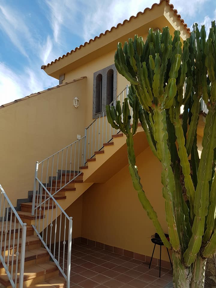 Ein Haus mit Treppe und einem Kaktus davor