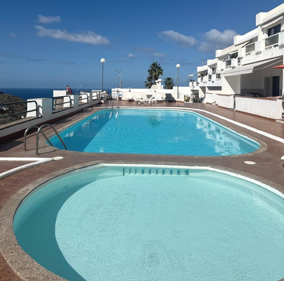 Ein großer Swimmingpool, umgeben von Topfpflanzen und einem Tisch