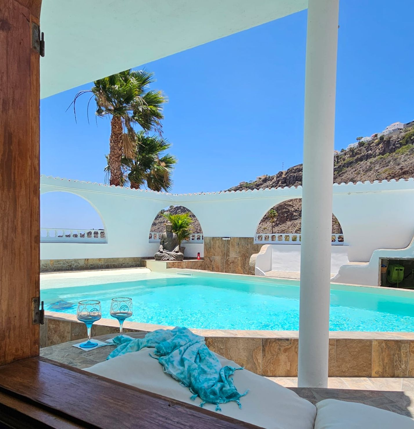 Ein großer Swimmingpool, umgeben von Topfpflanzen und einem Tisch