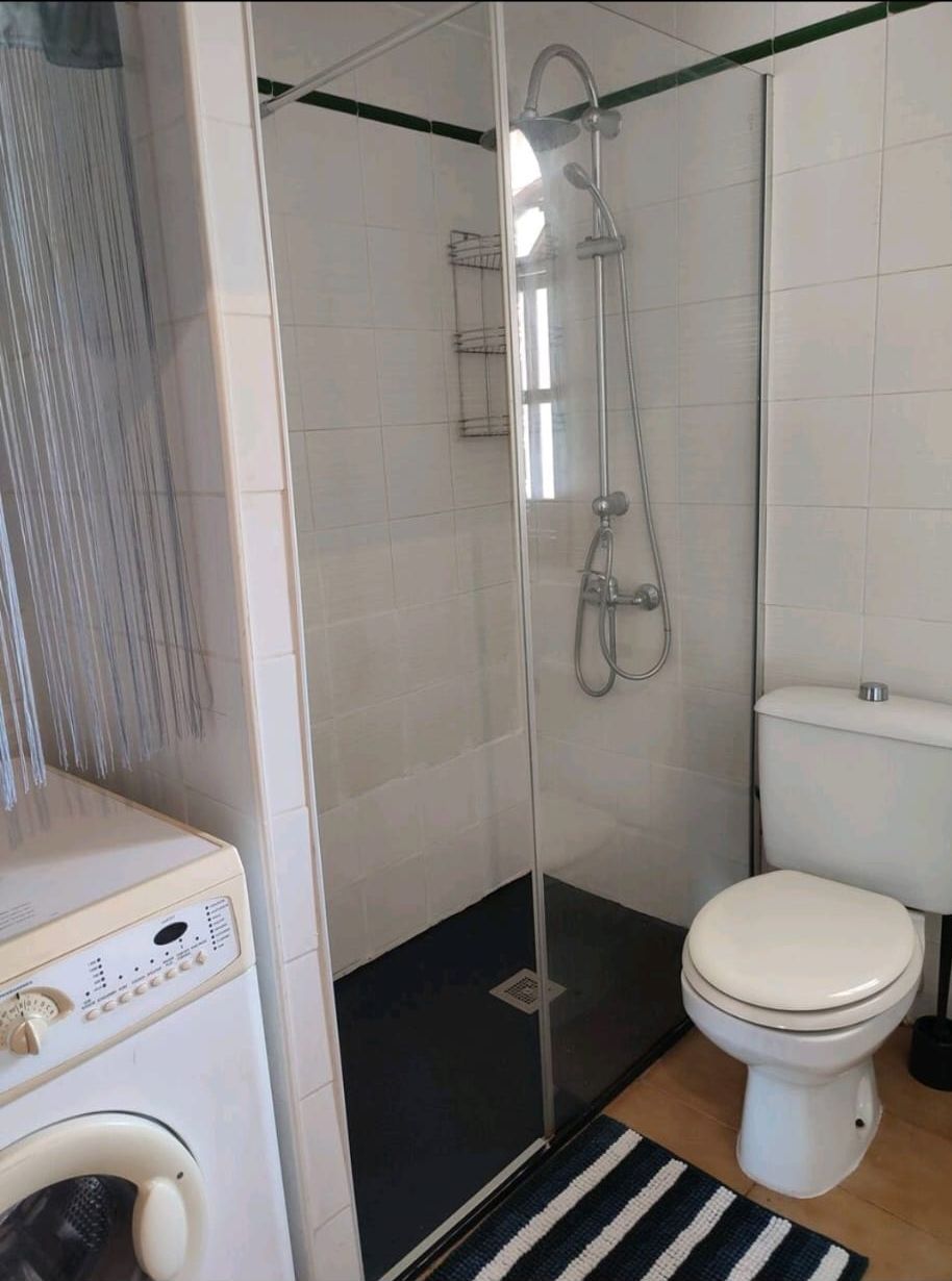 Ein Badezimmer mit Toilette, Dusche und Waschmaschine