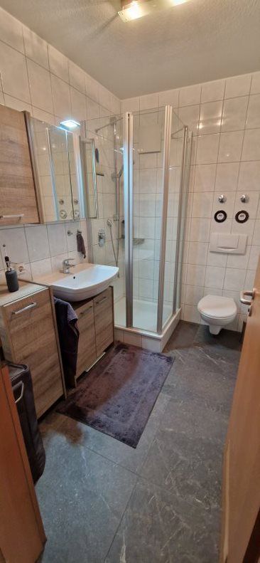Ein Badezimmer mit Waschbecken, Toilette, Dusche und Spiegel.