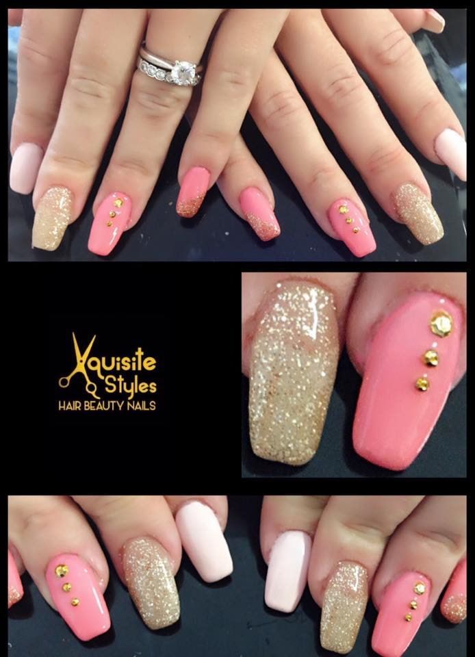 A Woman's Nails Are Painted Pink and Gold With a Ring on Her Finger — Xquisite Styles in Dapto, NSW