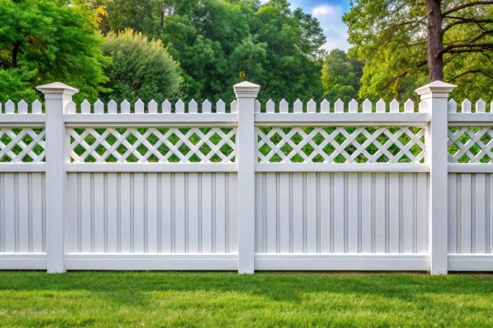 White picket fence with lattice detailing, on a grassy lawn, with trees in the background.