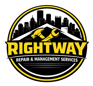 Rightway Repair & Management Services logo with black, yellow, and white city skyline design