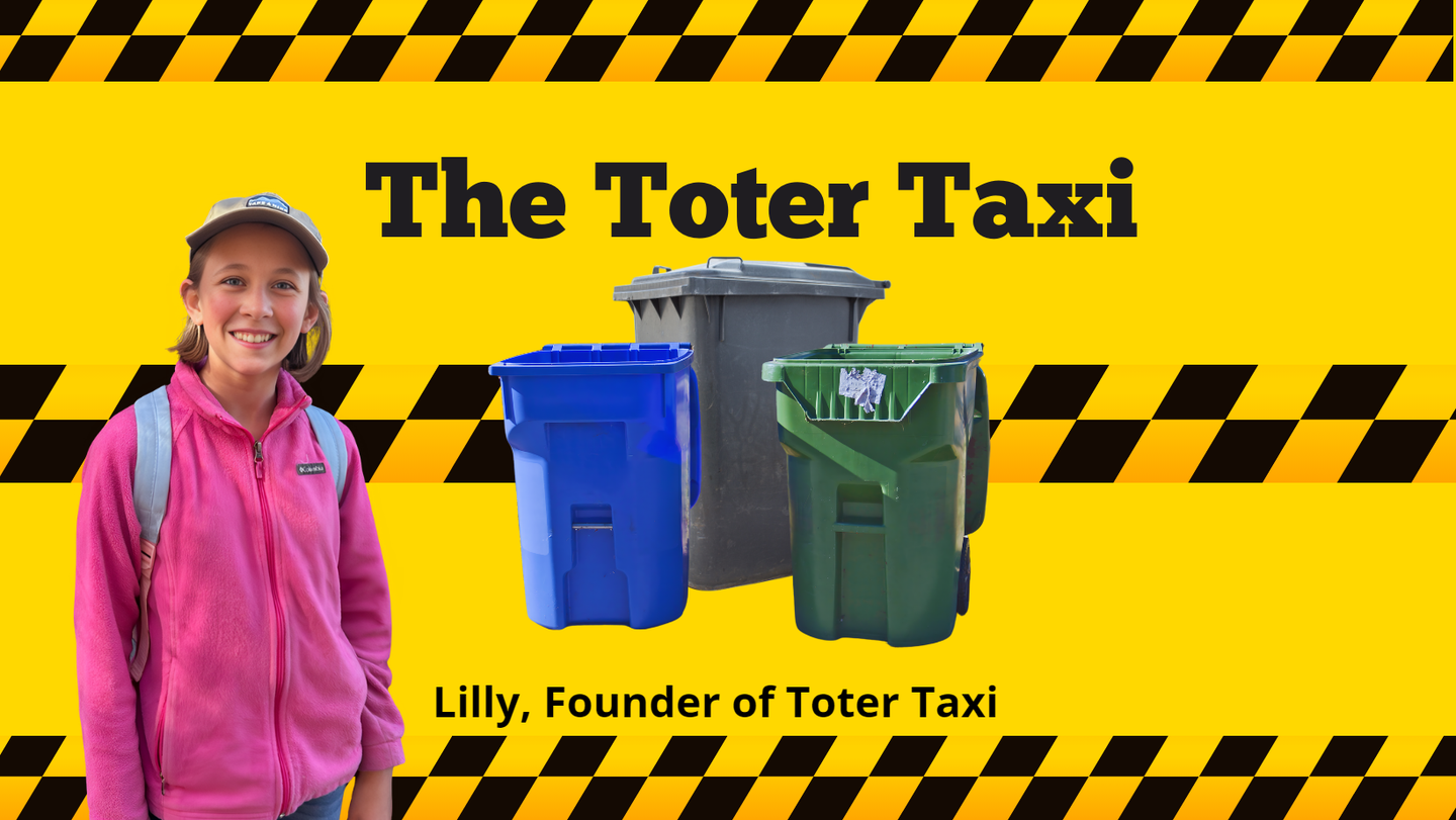 Lilly, the founder of Toter Taxi is standing in front of a yellow sign that says the toter taxi.