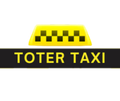 A toter taxi logo with a checkered top on a white background.